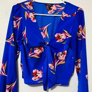 Express Floral Long Sleeve Crop Top with Front Tie and Balloon Sleeve Size S